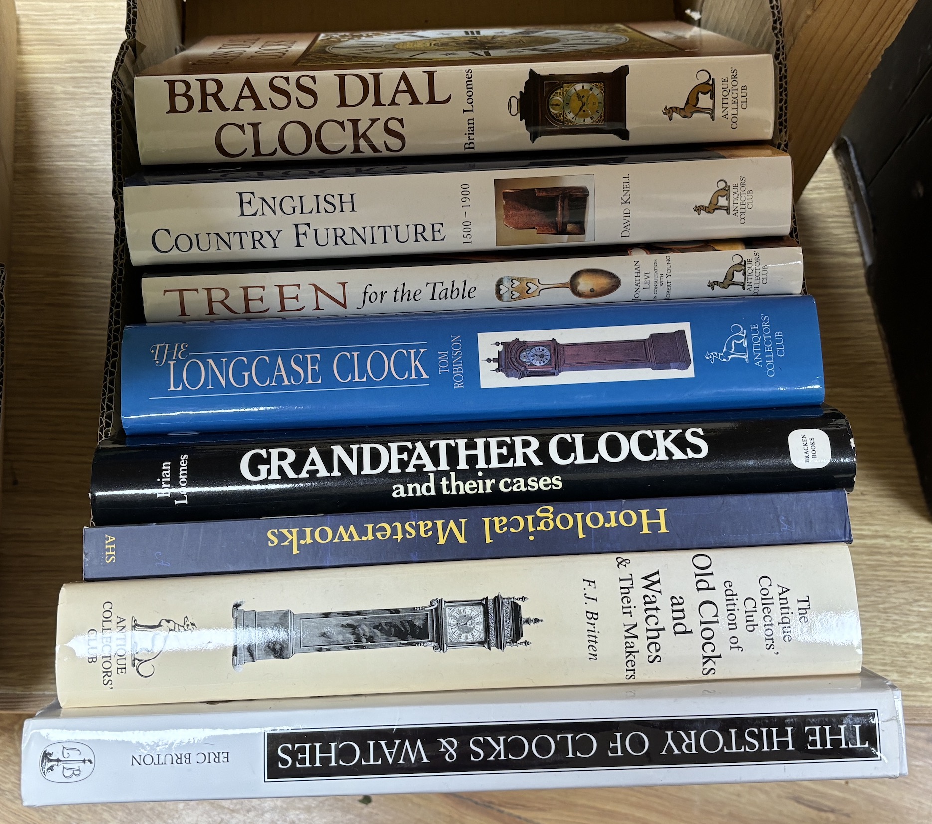 Eight Antique and Clock reference books, including; Brass Dial Clocks, The Longcase Clock, Grandfather Clocks, The History of Clocks and Watches, etc.